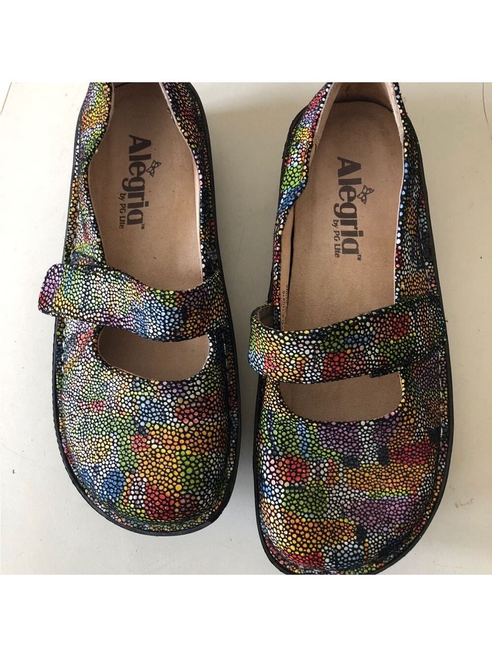 Size 35 Alegria Feliz Mary Jane Rainbow Mosaic Confetti Clogs Pebble Leather